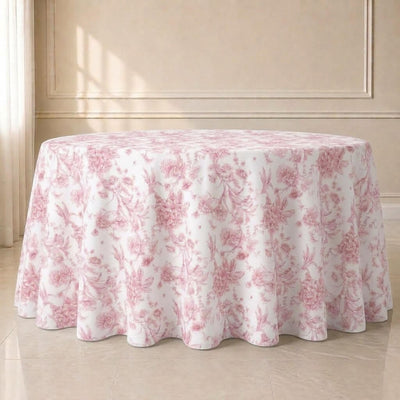 Polyester Round Tablecloth 120" White with Pink French Toile Pattern - Sophisticated Table Cover for Chic Weddings & Events