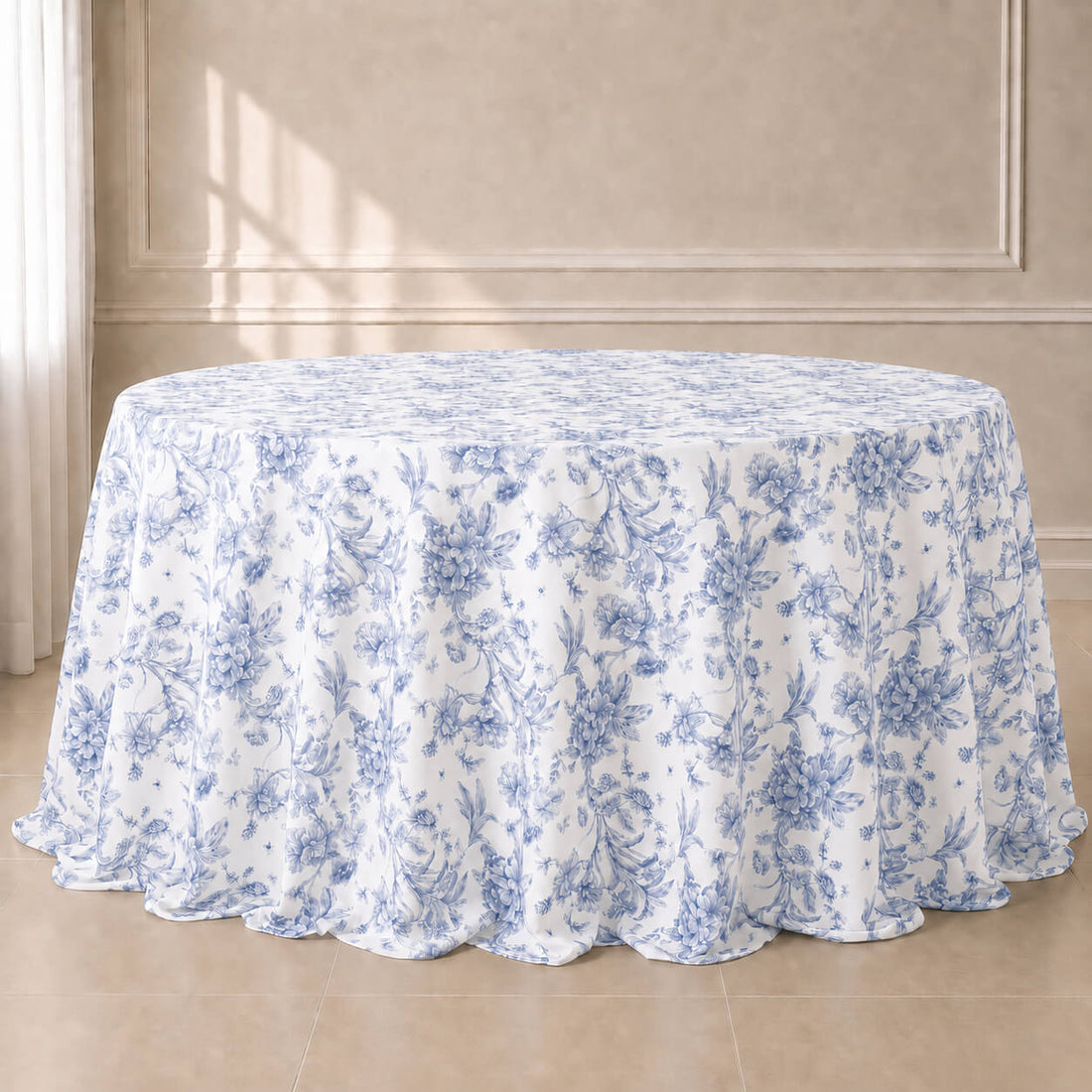 Polyester Round Tablecloth 132" White with Blue French Toile Pattern - Sophisticated Table Cover for Chic Weddings & Events