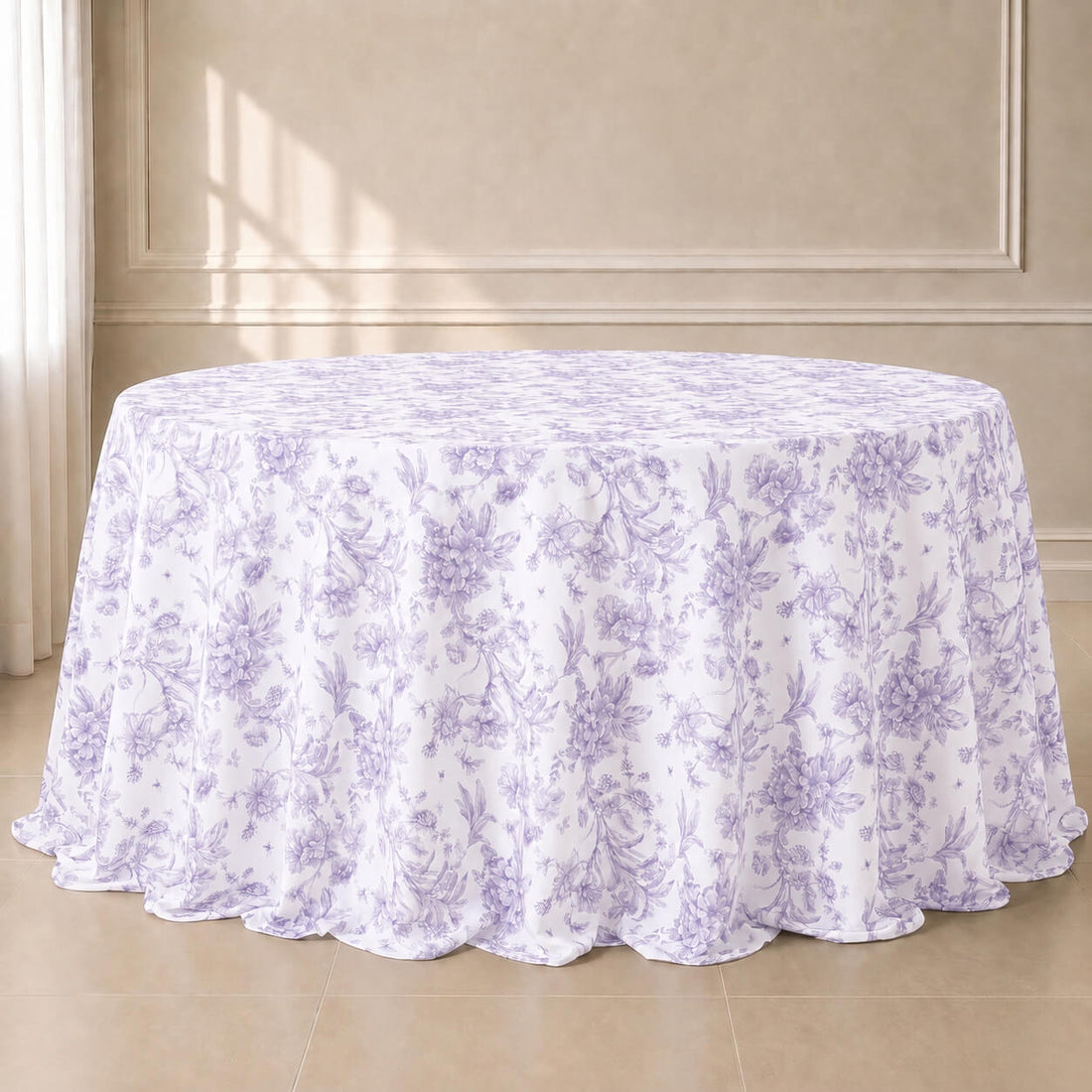 White tablecloth with lavender lilac French toile pattern for elegant events.