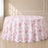 White round tablecloth with pink French toile pattern for elegant events.