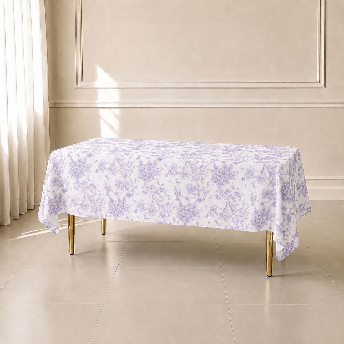 White tablecloth with lavender lilac French toile pattern for elegant events.