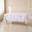 White tablecloth with lavender lilac French toile pattern for elegant events.