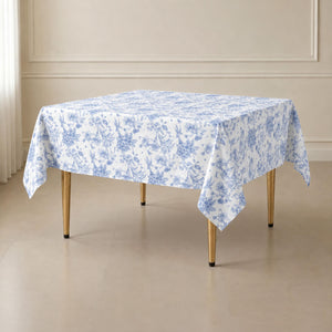 White table overlay with blue French toile pattern for weddings and events.