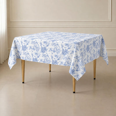 Polyester Square Table Overlay  70"x70" White with Blue French Toile Pattern - Sophisticated Table Topper for Chic Weddings & Events