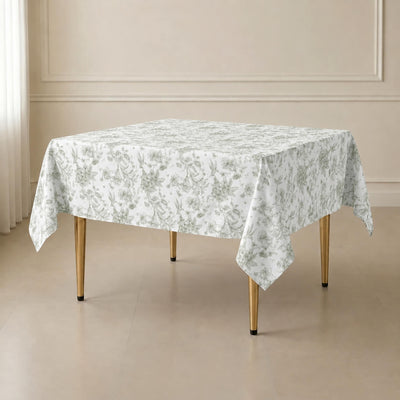 Polyester Square Table Overlay  70"x70" White with Dusty Sage Green French Toile Pattern - Sophisticated Table Topper for Chic Weddings & Events
