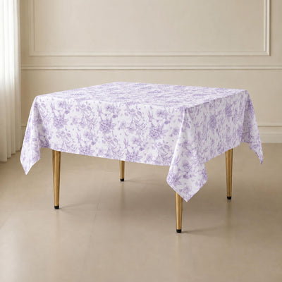 Polyester Square Table Overlay 70"x70" White with Lavender Lilac French Toile Pattern - Sophisticated Table Topper for Chic Weddings & Events