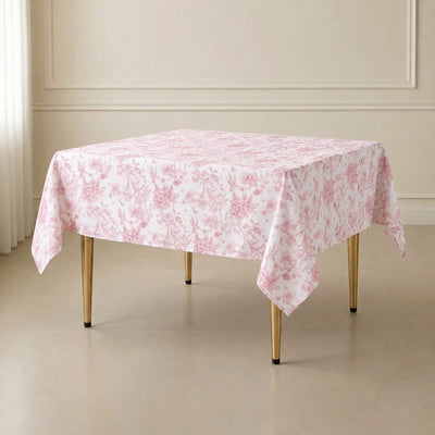 Polyester Square Table Overlay 70"x70" White with Pink French Toile Pattern - Sophisticated Table Topper for Chic Weddings & Events