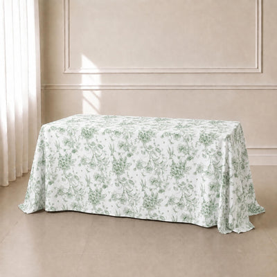 Polyester Rectangular Tablecloth 90"x132" White with Dusty Sage Green French Toile Pattern - Sophisticated Seamless Table Cover