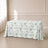 White tablecloth with dusty sage green French toile pattern for elegant events.