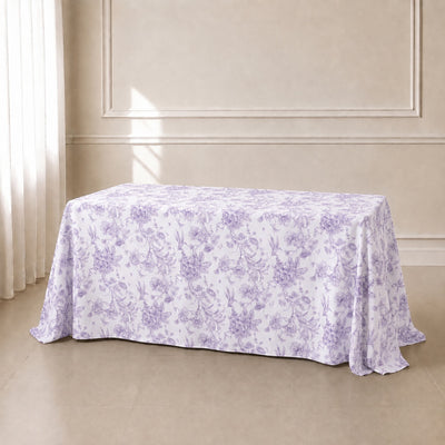 Polyester Rectangular Tablecloth 90"x132" White with Lavender Lilac French Toile Pattern - Sophisticated Seamless Table Cover for Chic Weddings & Events