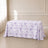 White tablecloth with lavender lilac French toile pattern for elegant events.