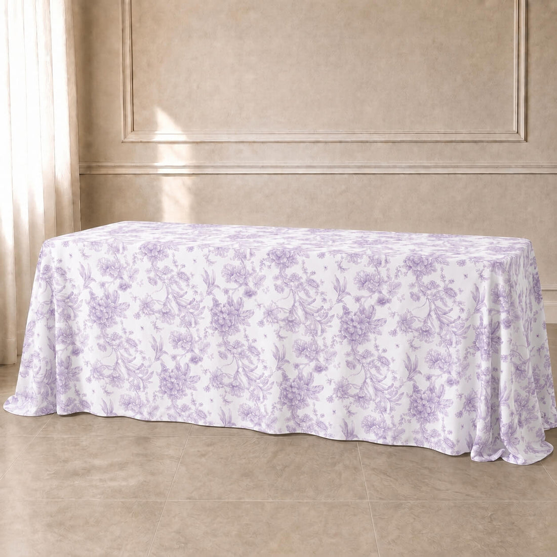 White tablecloth with lavender lilac French toile pattern for weddings and events.