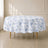White tablecloth with blue French toile pattern for elegant events.