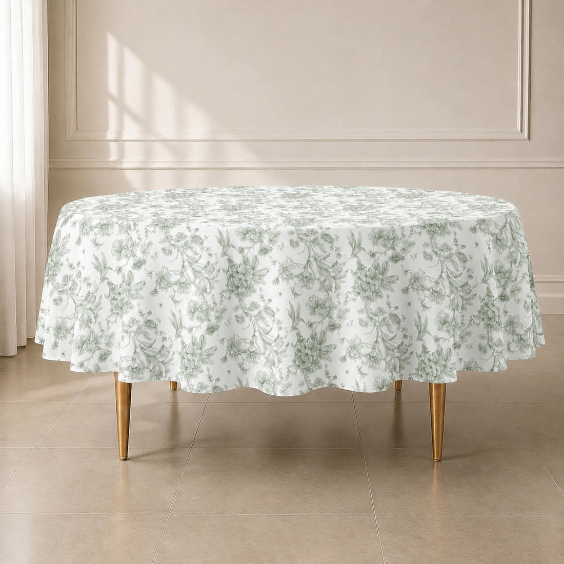 White tablecloth with dusty sage green French toile pattern for elegant events.