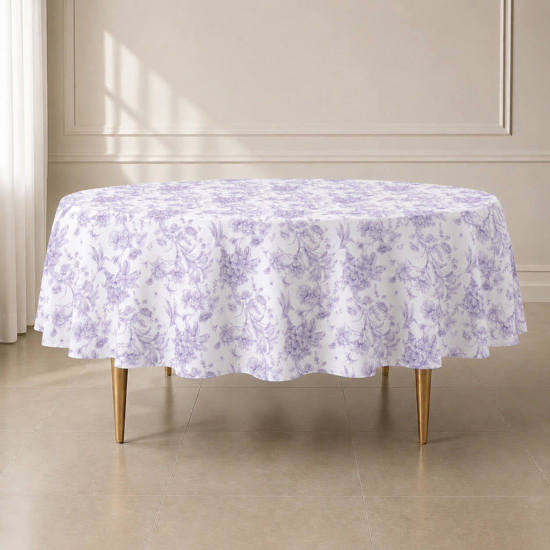 White tablecloth with lavender lilac French toile pattern.
