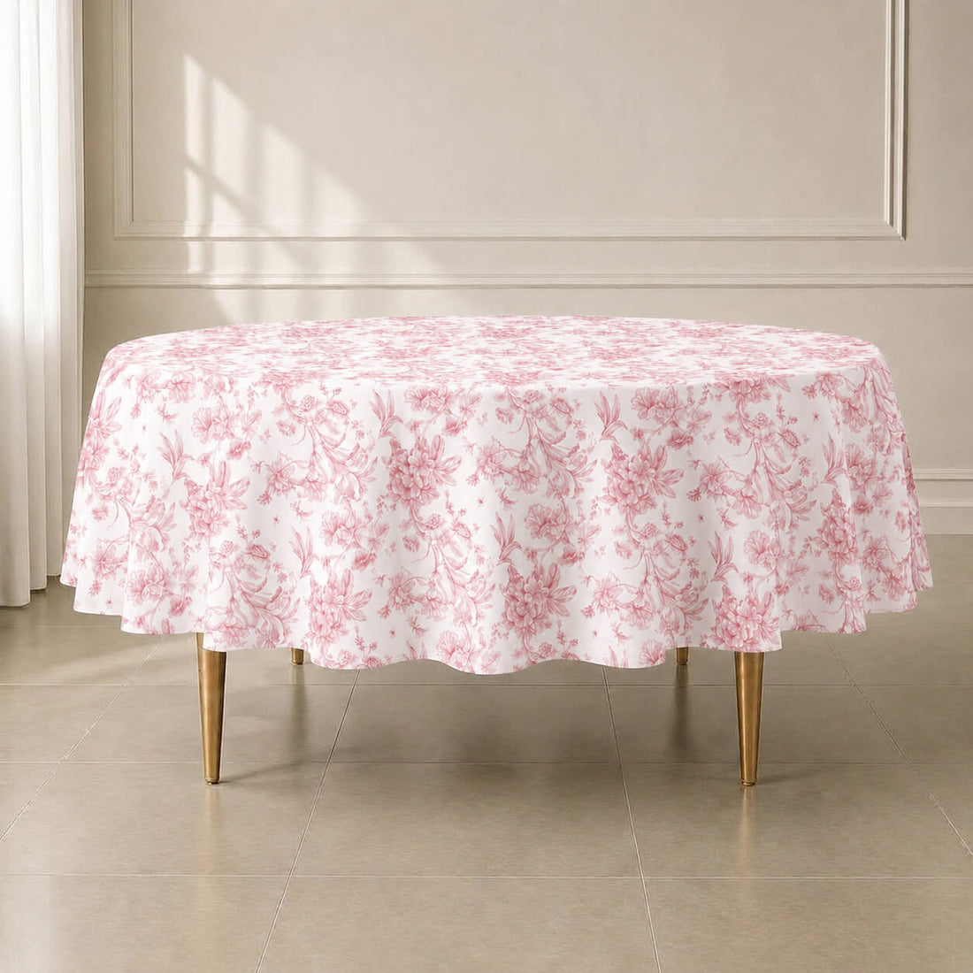 White tablecloth with pink French toile pattern, elegant for weddings and events.