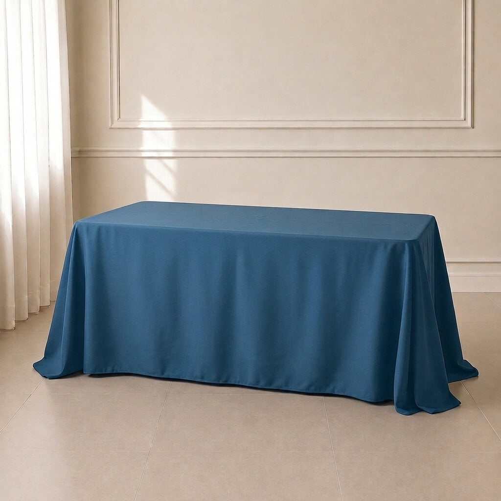 Denim blue rectangular tablecloth with seamless finish for modern events.