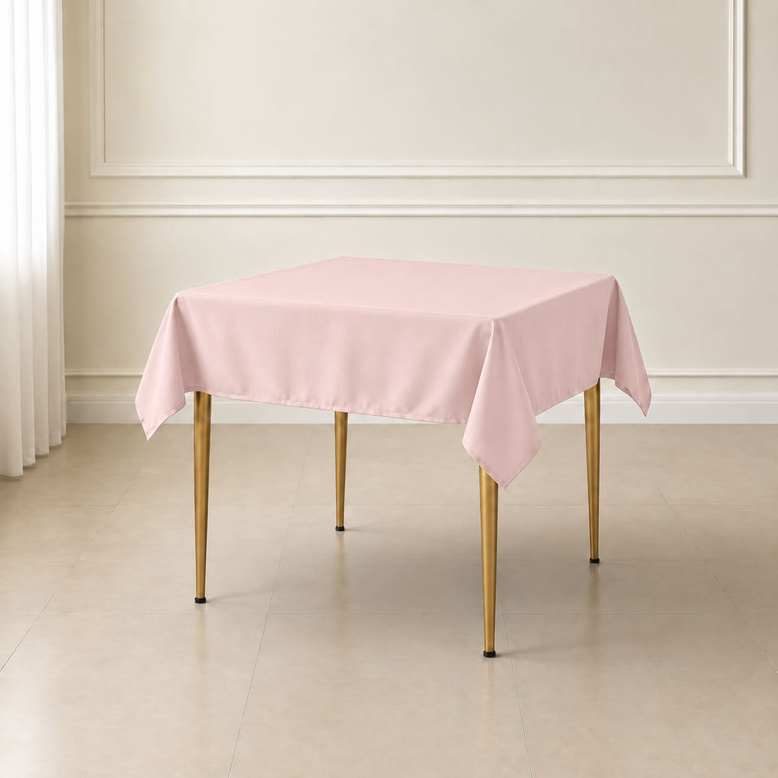 Blush wrinkle-resistant square table overlay 54"x54" on a table.