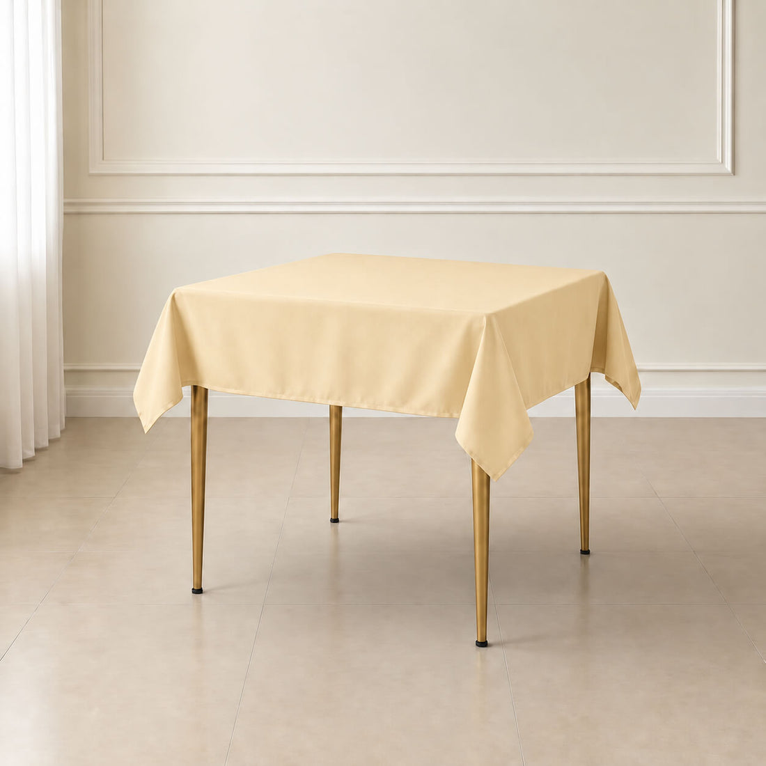 Beige wrinkle-resistant table overlay 54"x54" on a square table.