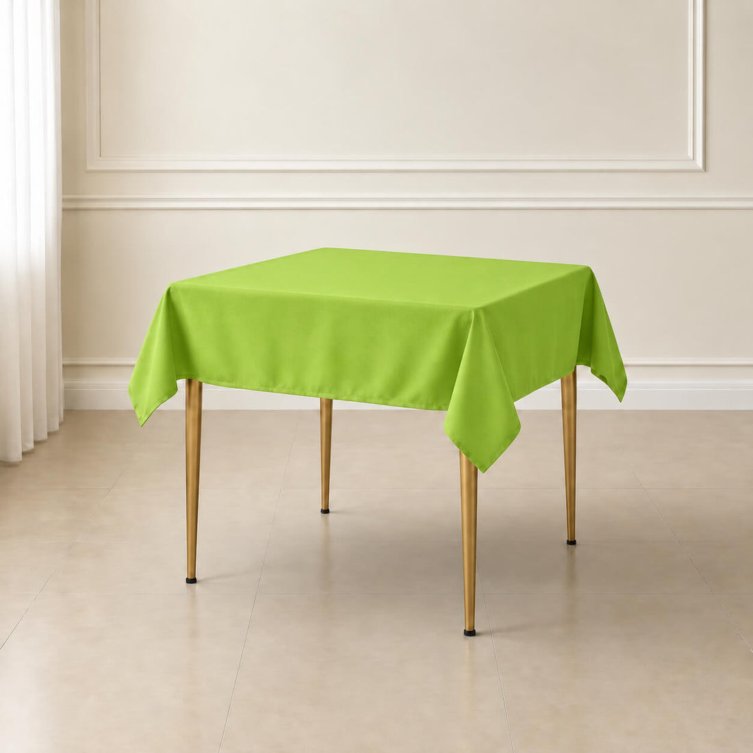 Apple green wrinkle-resistant tablecloth on a wooden table.