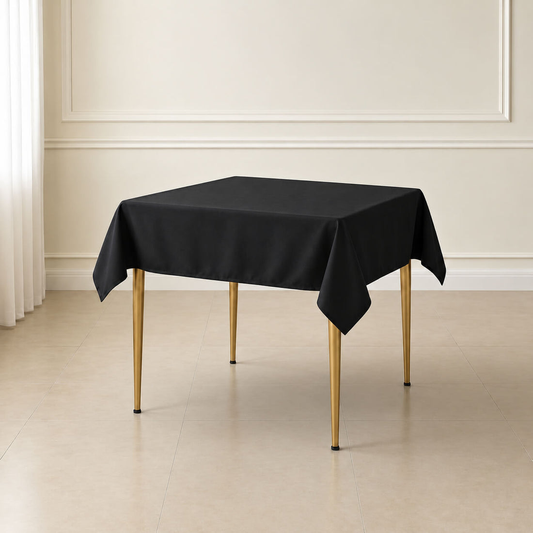 Black polyester square tablecloth, 54"x54", wrinkle-resistant for special occasions.