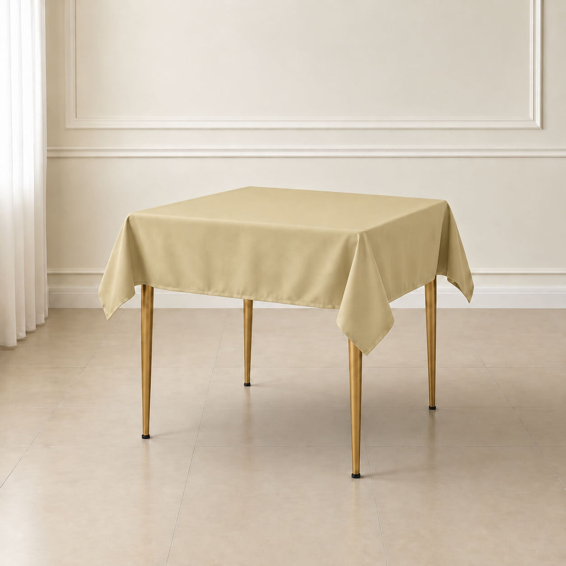 Champagne square table overlay, 54"x54", wrinkle-resistant table topper.