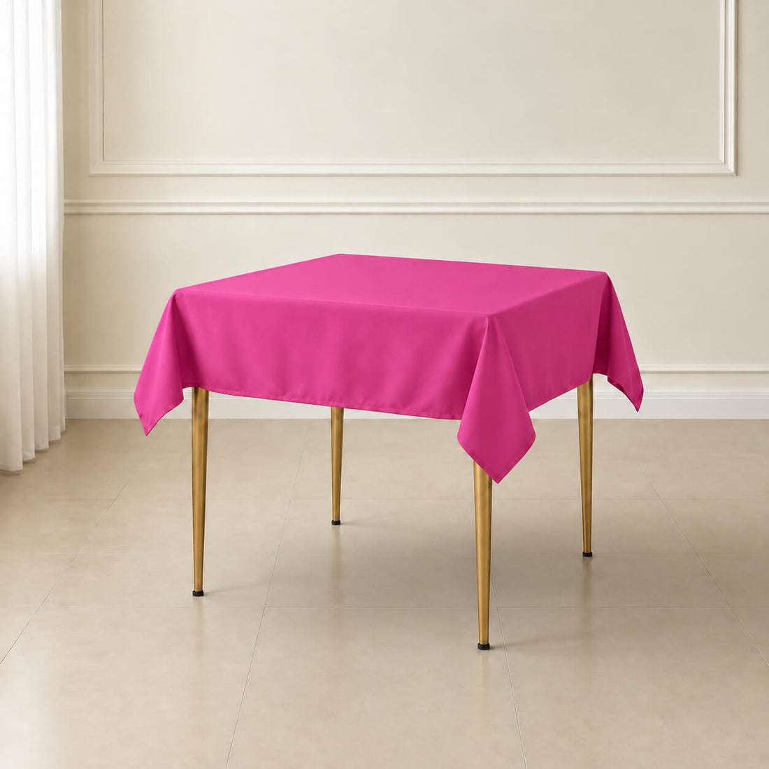 Fuchsia wrinkle-resistant table overlay on a square table.
