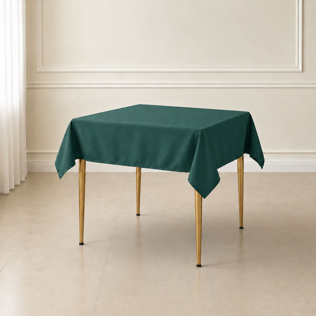 Hunter Emerald Green Square Tablecloth on a table.