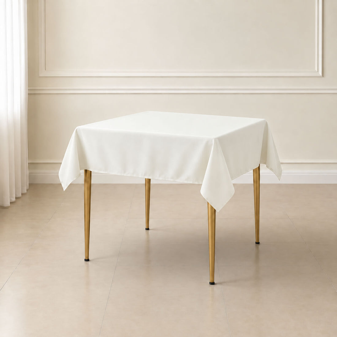 Ivory wrinkle-resistant square table overlay on a dining table.