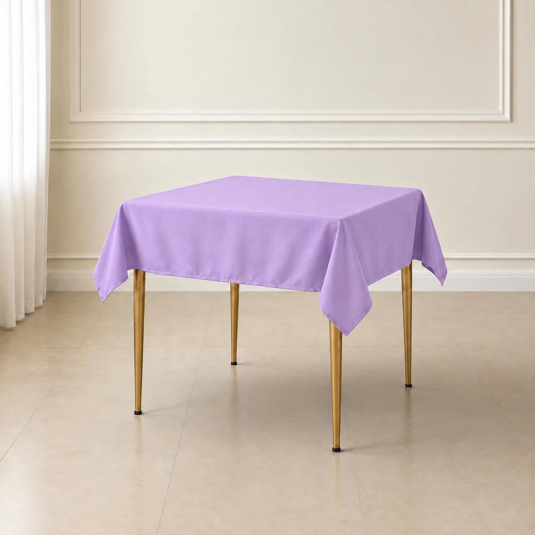 Lavender lilac wrinkle-resistant tablecloth on a square table.