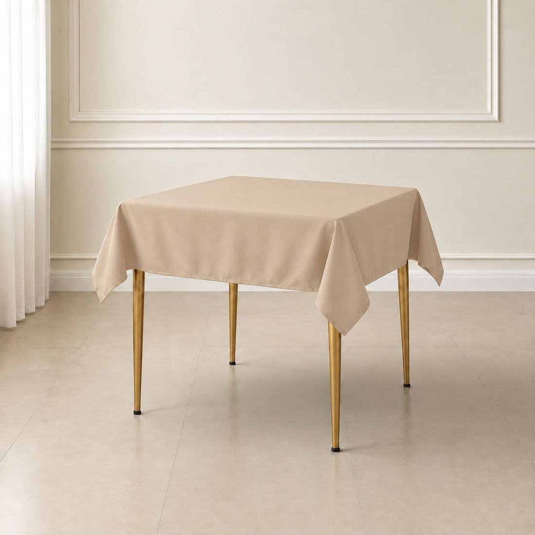 Nude wrinkle-resistant polyester tablecloth on a square table.