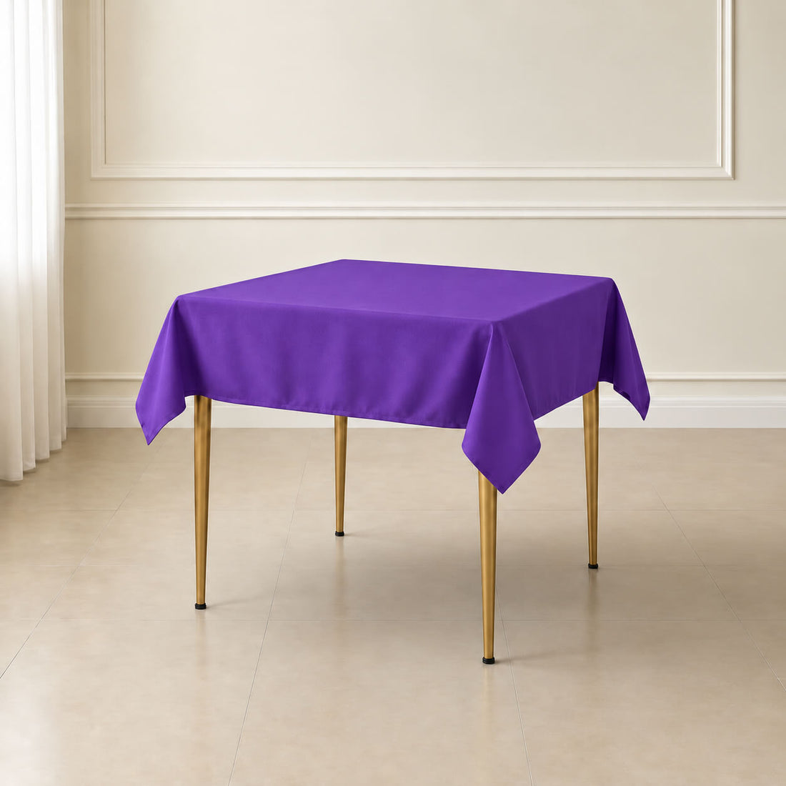 Purple polyester square tablecloth on a table.