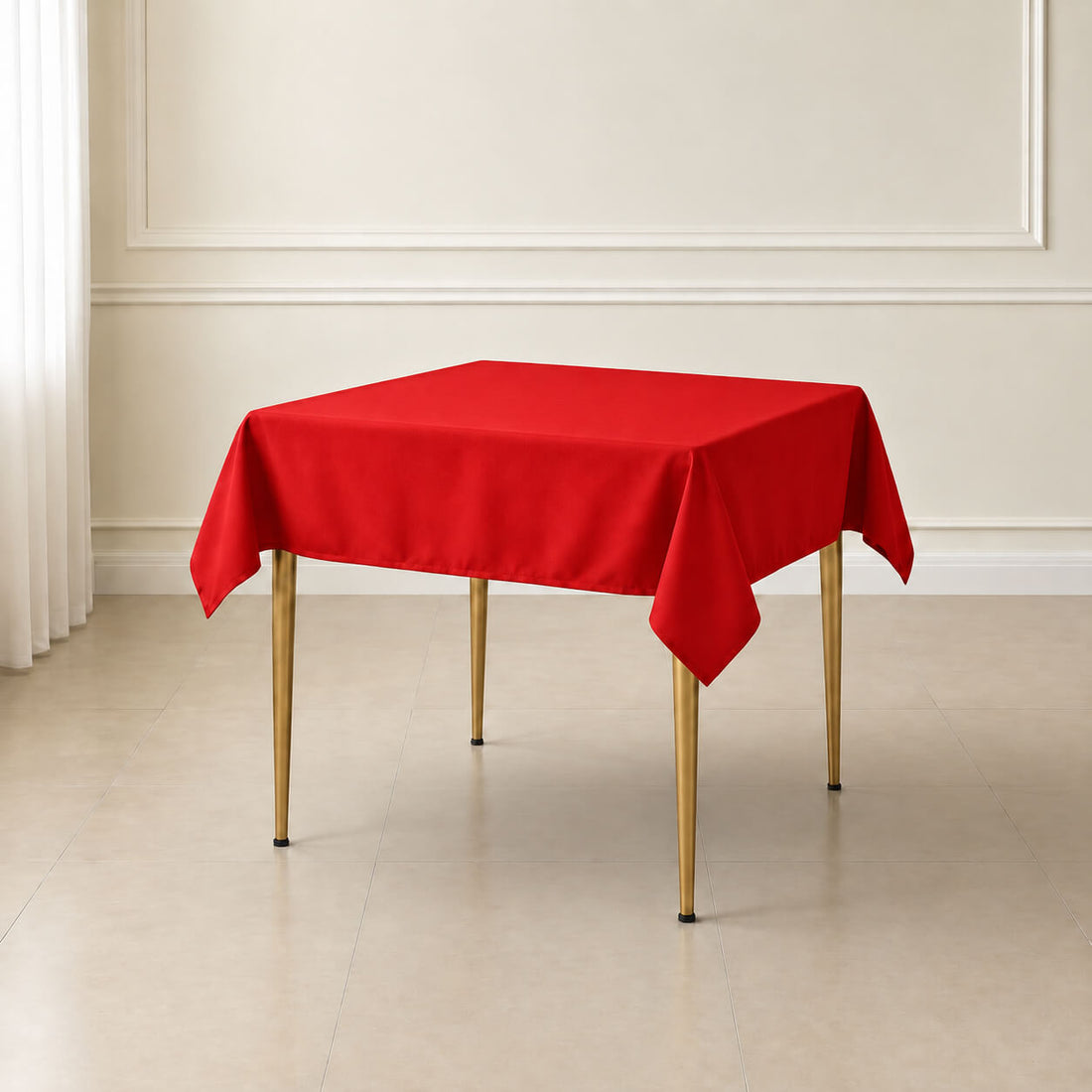 Red wrinkle-resistant square tablecloth on a table.