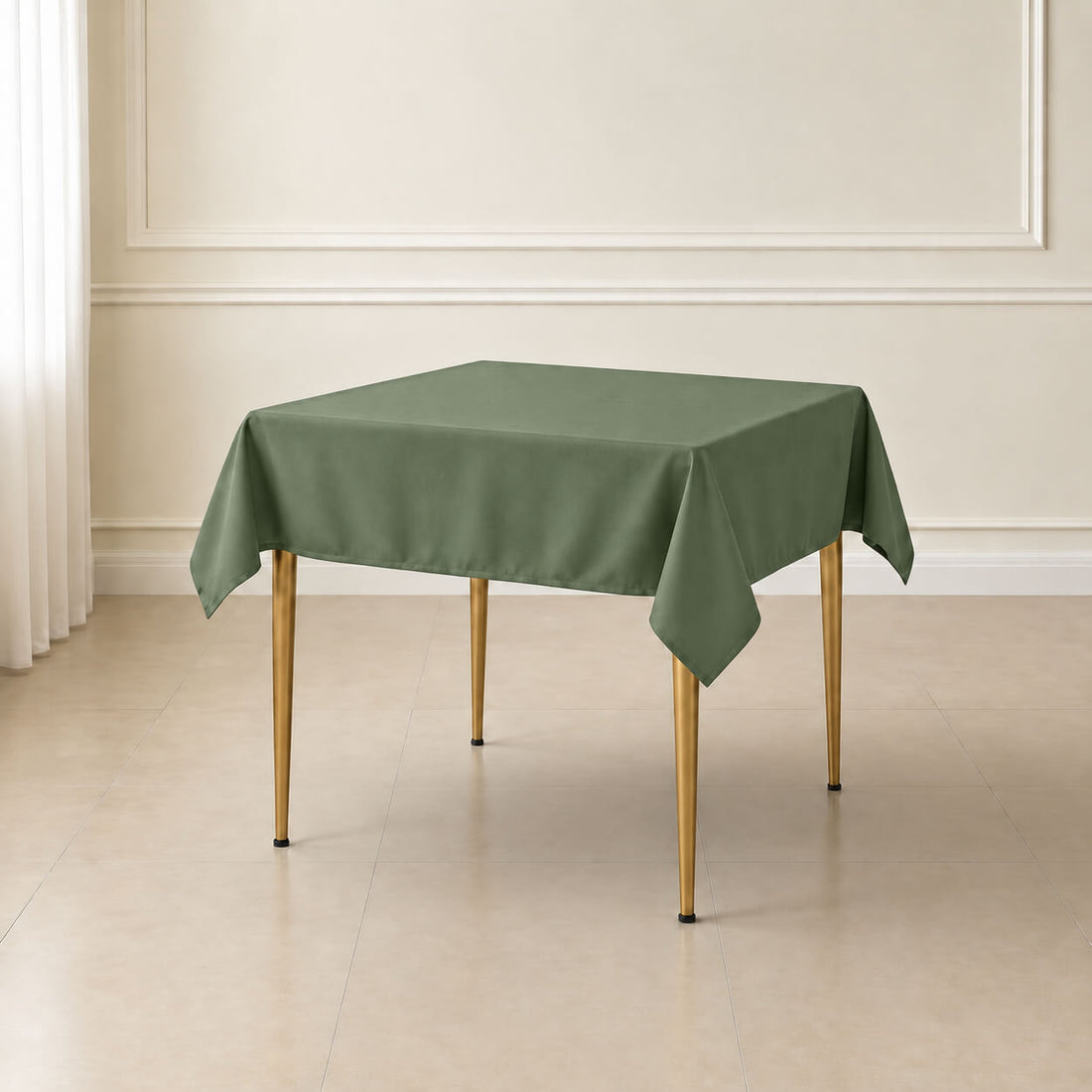 Olive green wrinkle-resistant square tablecloth on a table.