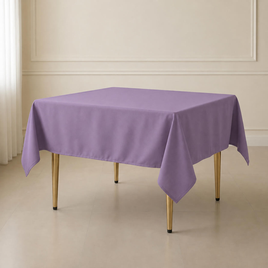 Violet Amethyst wrinkle-resistant square tablecloth on a dining table.