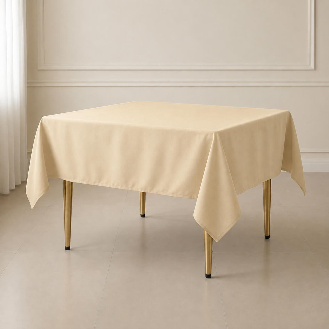 Beige wrinkle-resistant polyester square tablecloth on a table.