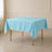 Light blue wrinkle-resistant square tablecloth on a wooden table.