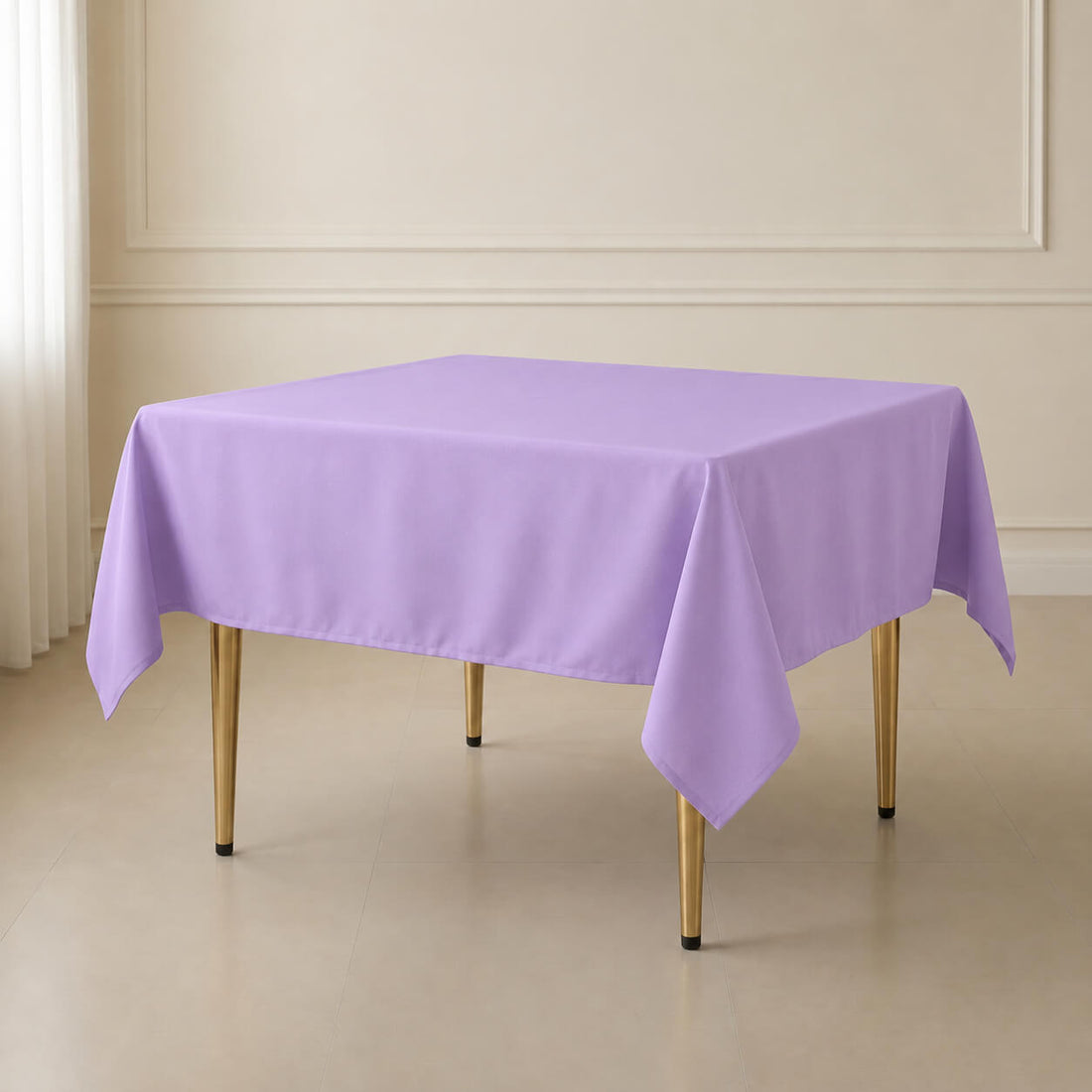 Lavender lilac wrinkle-resistant table overlay on a square table.