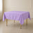 Lavender lilac wrinkle-resistant table overlay on a square table.
