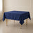 Navy blue wrinkle-resistant square table overlay on a wooden table.