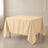 Beige polyester square tablecloth, 90"x90", wrinkle-resistant and durable.