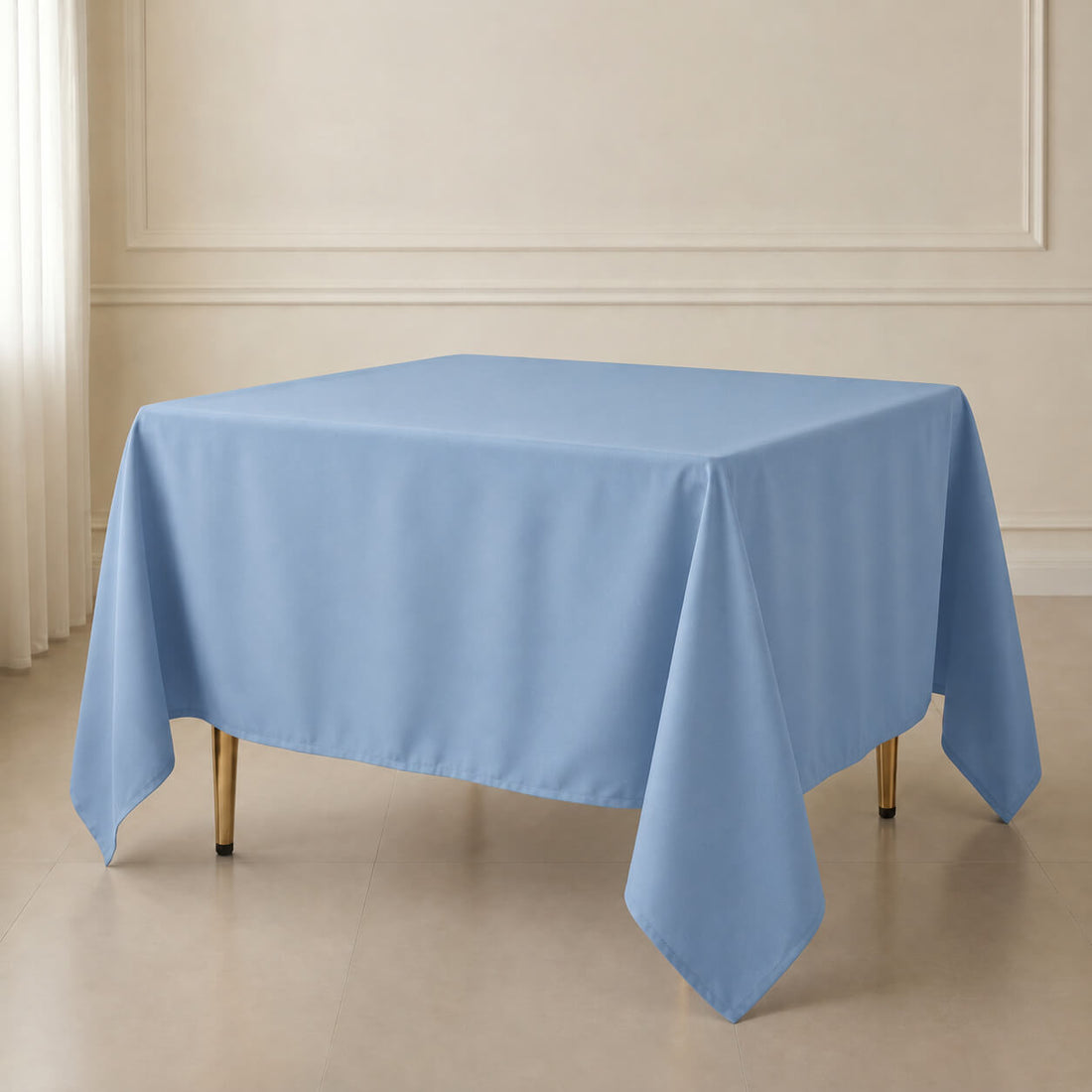 Dusty blue polyester square table overlay, 90"x90", wrinkle-resistant and durable.