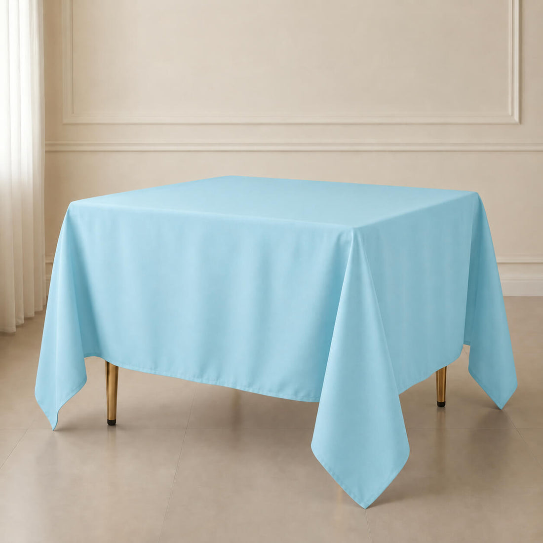 Light blue wrinkle-resistant polyester table overlay 90"x90