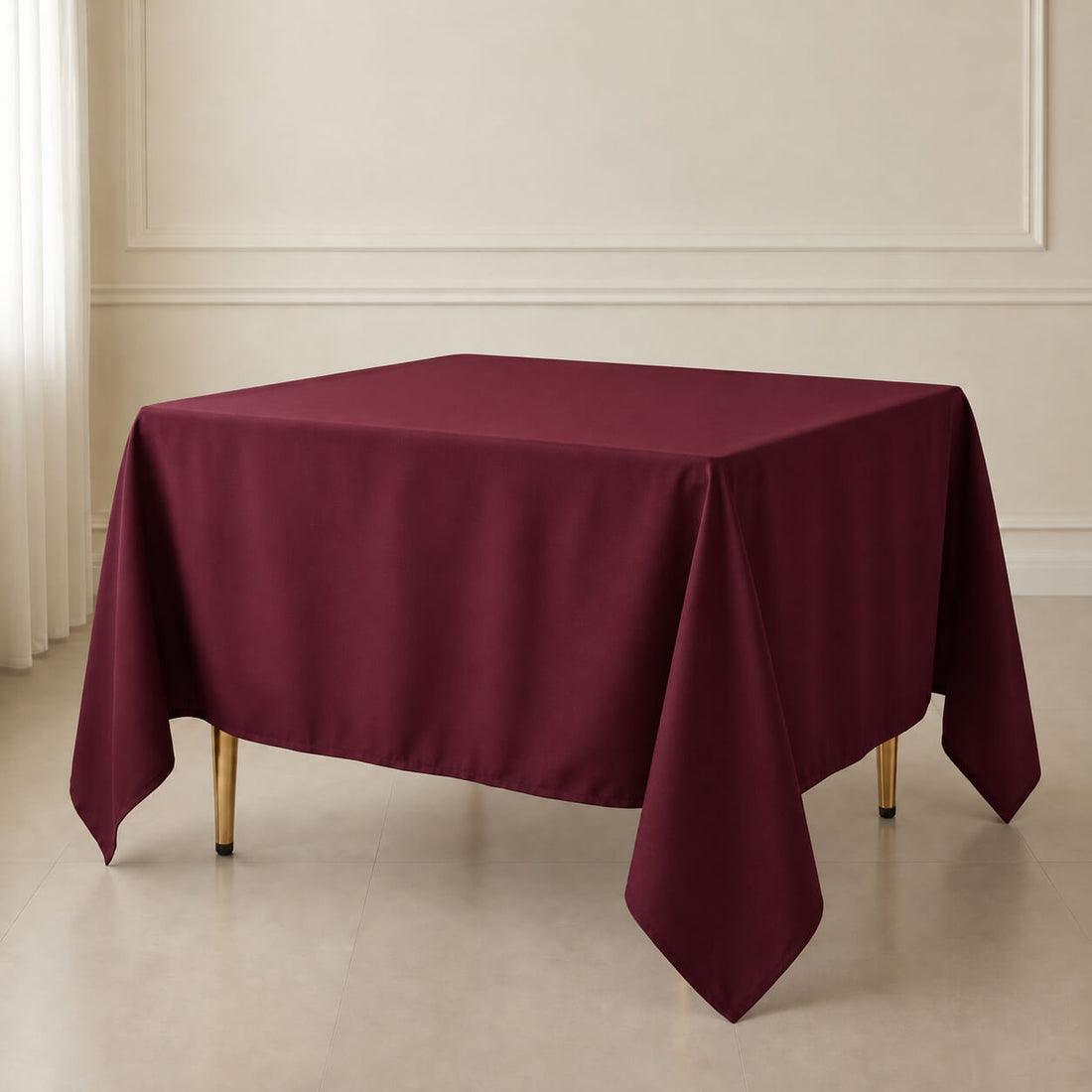 Burgundy wrinkle-resistant square table overlay 90"x90".