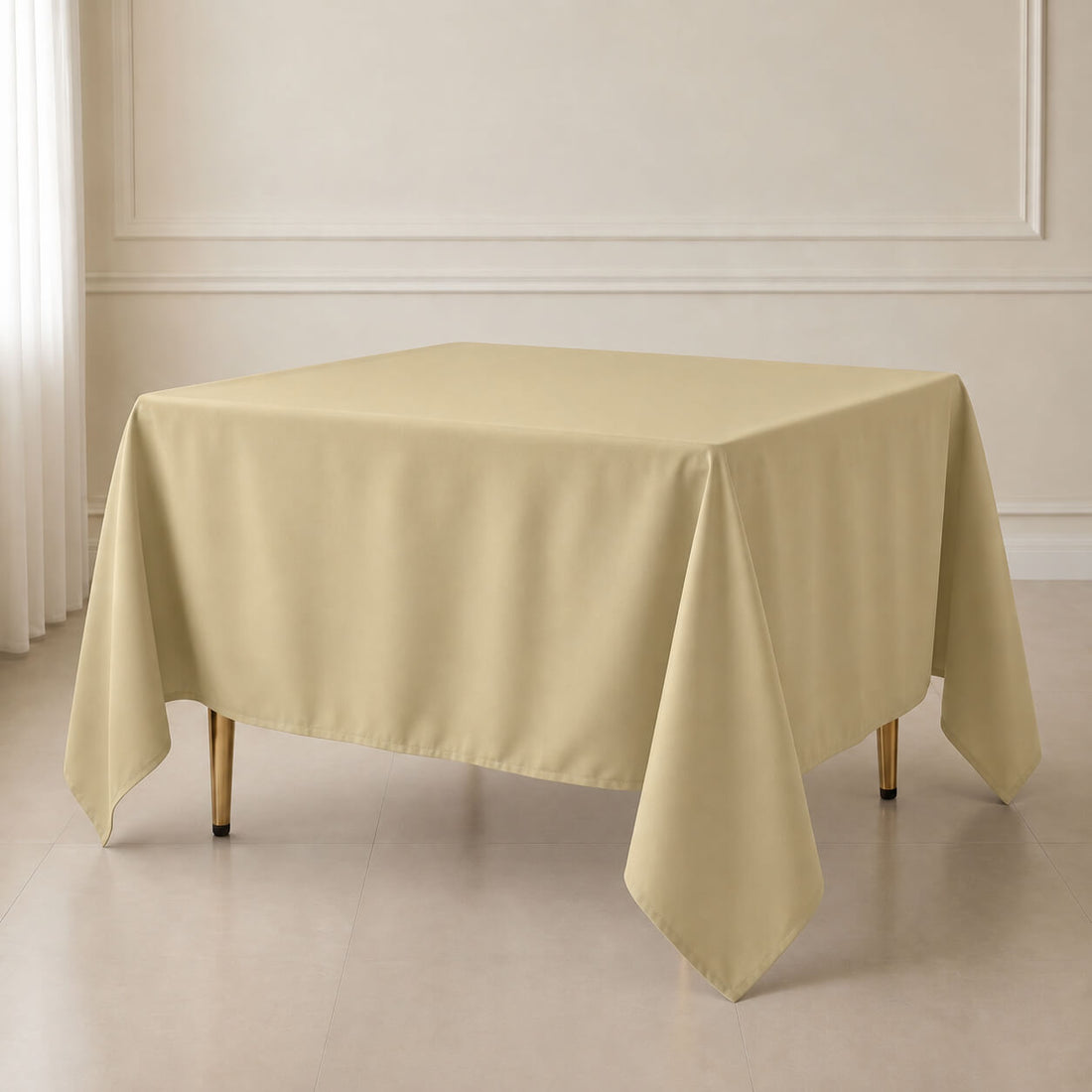 Champagne square tablecloth 90"x90" - wrinkle-resistant and durable cover.