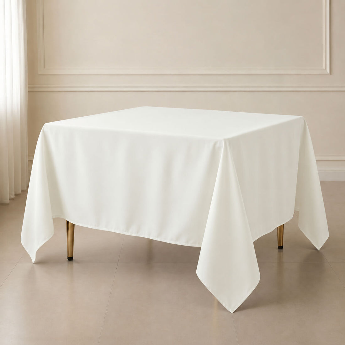 Ivory wrinkle-resistant polyester table overlay 90"x90" for elegant dining.