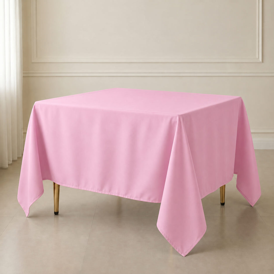 Pink 90"x90" wrinkle-resistant square tablecloth for elegant dining.