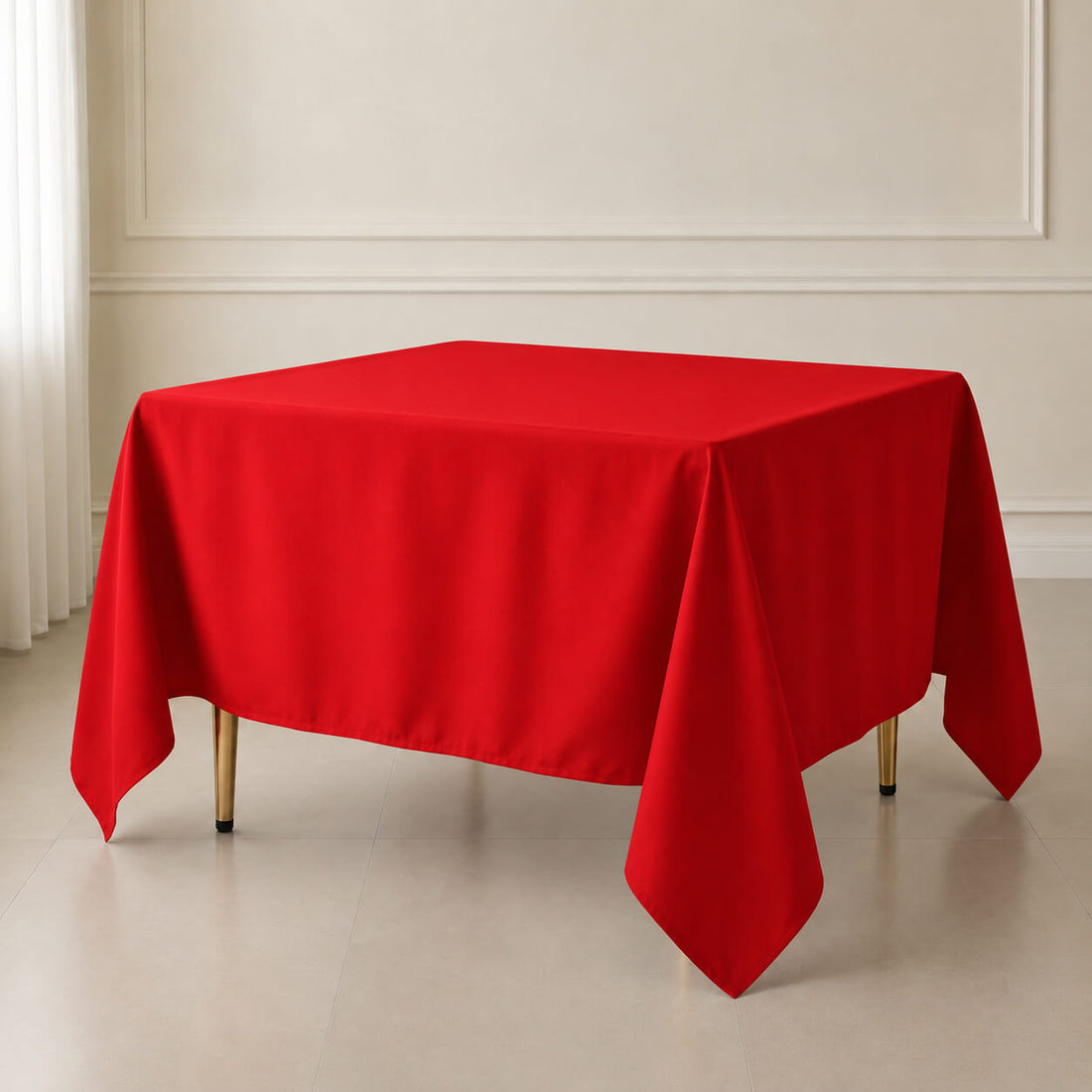 Red wrinkle-resistant polyester table overlay, 90"x90".