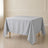 Silver polyester square tablecloth on a table, wrinkle-resistant and durable.