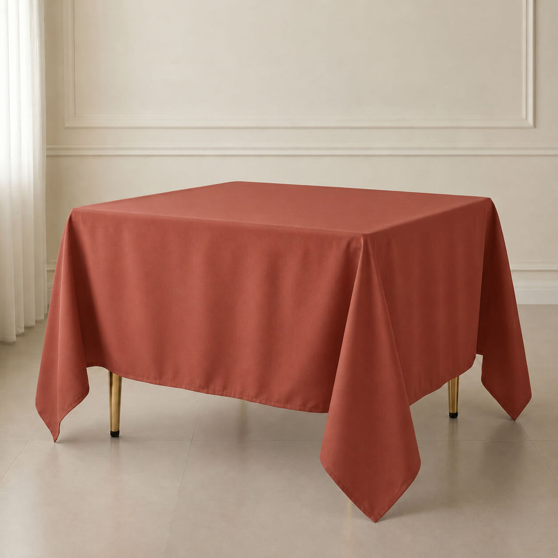Terracotta wrinkle-resistant square tablecloth 90"x90" on a table.